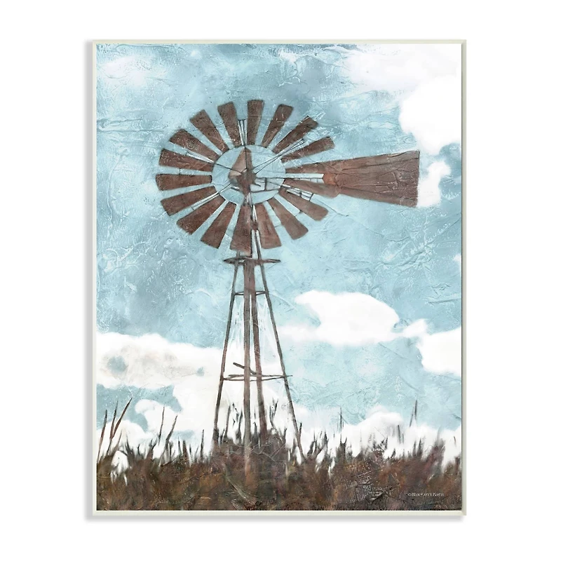 Stupell Industries Farm Windmill Blue Brown Painting Wood Wall Plaque