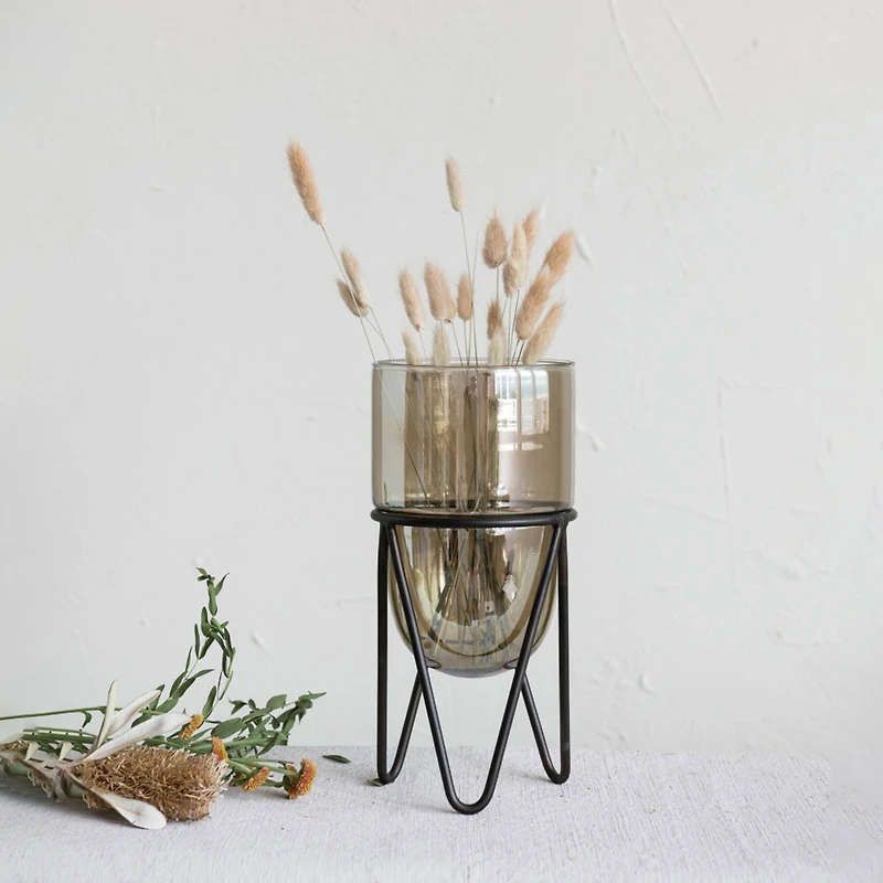 Hello Honey® Brown & Black Glass Pillar Candle Holder With Metal Stand