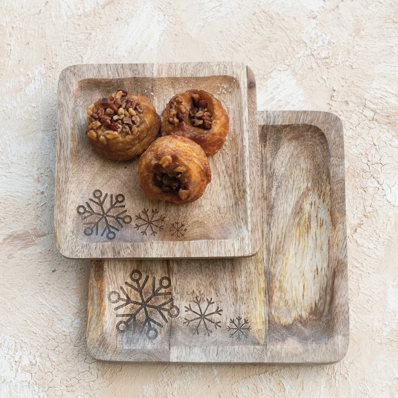 Hello Honey® Square Laser Etched Snowflakes Mango Wood Tray Set