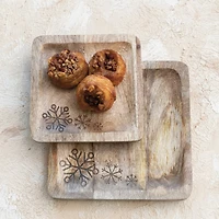 Hello Honey® Square Laser Etched Snowflakes Mango Wood Tray Set