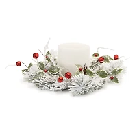 18" Flocked Pine, Holly Leaf & Sleigh Bell Candle Ring