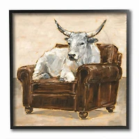 Stupell Industries White Bull Resting in Brown Chair Abstract Painting,12" x 12"