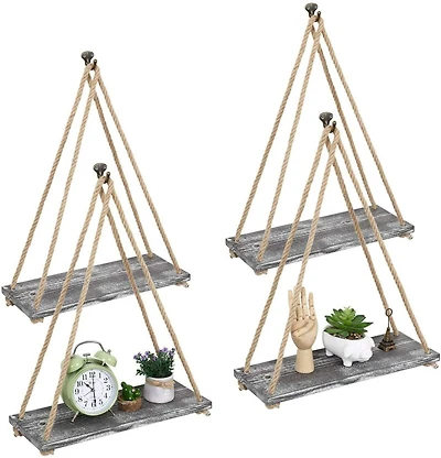 NEX™ 16" Gray Whitewash Hanging Rope Wood Wall Shelves, 4ct.
