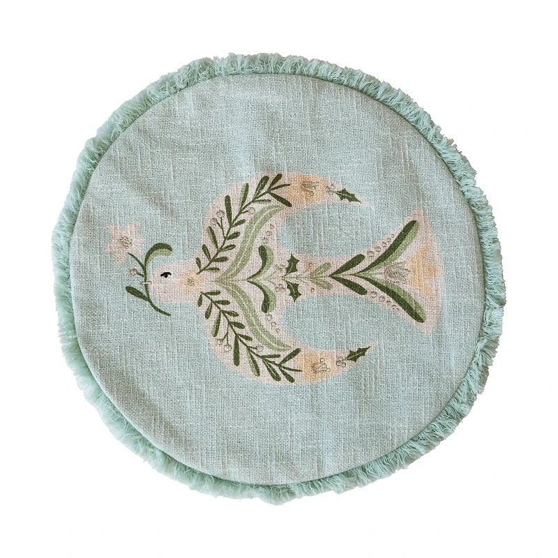 Hello Honey® 16" Light Green Embroidered Dove & Fringe Round Cotton Pillow Cover & Insert