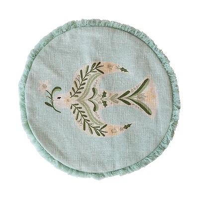 Hello Honey® 16" Light Green Embroidered Dove & Fringe Round Cotton Pillow Cover & Insert