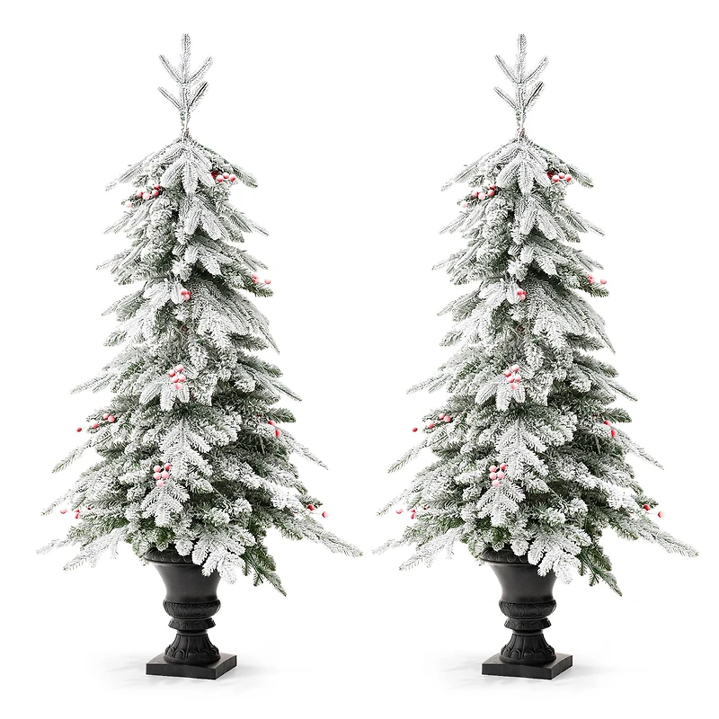 2 Pack 5ft. Pre-Lit Flocked Fir Artificial Christmas Porch Tree in Planter, Warm White Lights