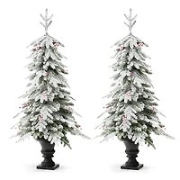 2 Pack 5ft. Pre-Lit Flocked Fir Artificial Christmas Porch Tree in Planter, Warm White Lights