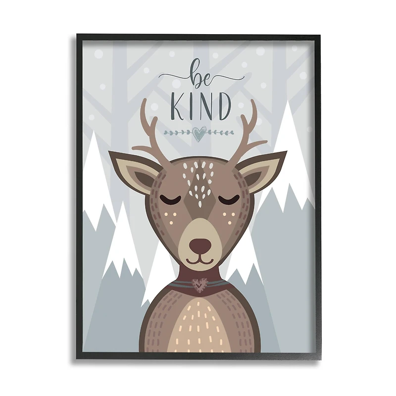 Stupell Industries Snowy Mountains Cartoon Deer Be Kind Sentiment Framed Wall Art