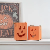 6" Orange Wood Jack-O-Lantern Halloween Candle Lantern