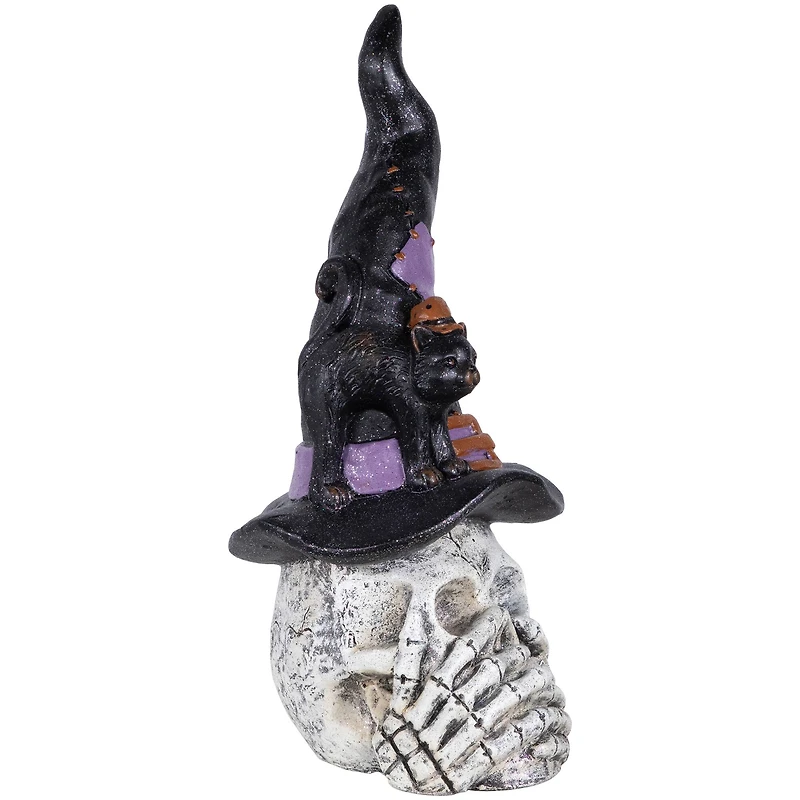 22.75" Skull in Witch Hat with Black Cat Halloween Decoration