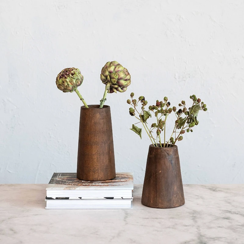 Hello Honey® Brown Round Reclaimed Wood Vase with Distressed Finish Set