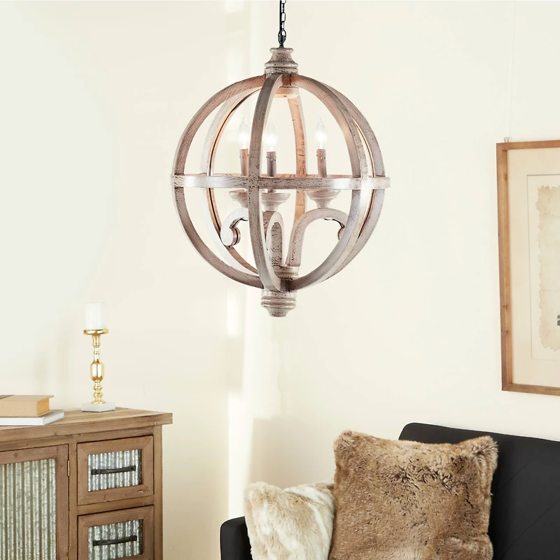 Gold Wood Rustic Caged Chandelier , 28" x 21" x 21"