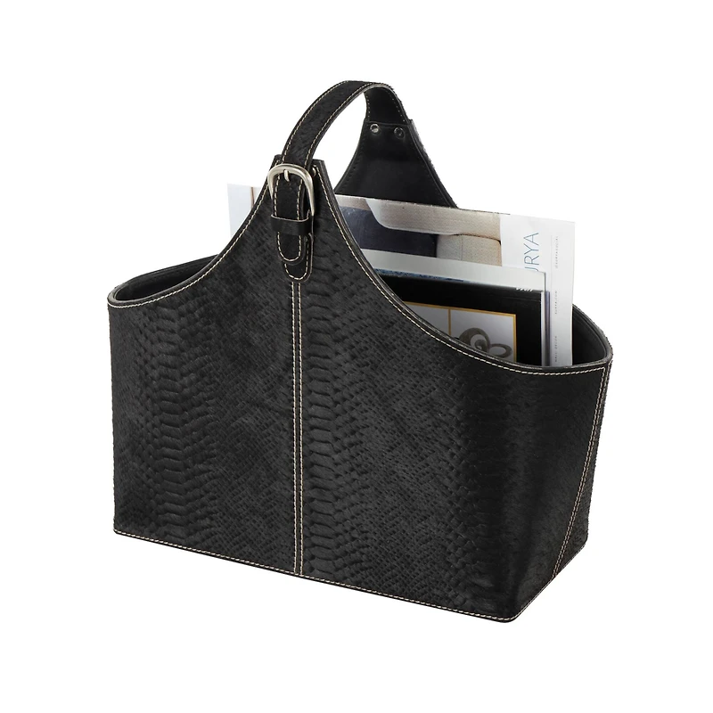 17" Black Leather Handmade Box Style Decorative Magazine Holder with Detail Stitching & Curved Buckle Handles