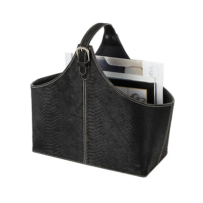 17" Black Leather Handmade Box Style Decorative Magazine Holder with Detail Stitching & Curved Buckle Handles