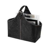 17" Black Leather Handmade Box Style Decorative Magazine Holder with Detail Stitching & Curved Buckle Handles