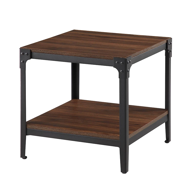 Walker Edison Dark Walnut Angle Iron Rustic Wood Side Table Set