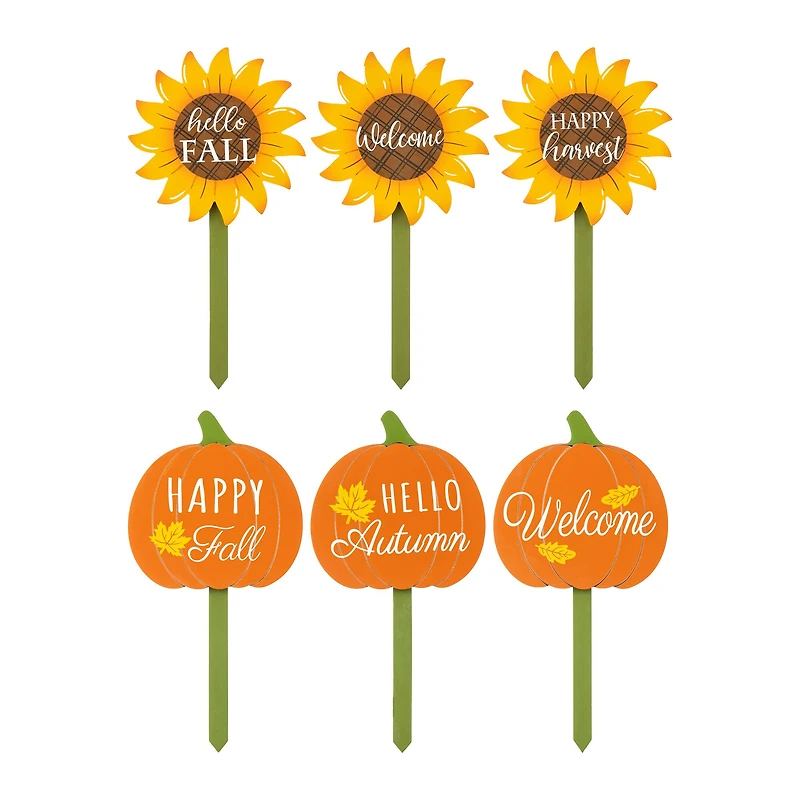 Glitzhome® 15" Fall Wooden Pumpkin & Sunflower Yard Stake, 6ct.