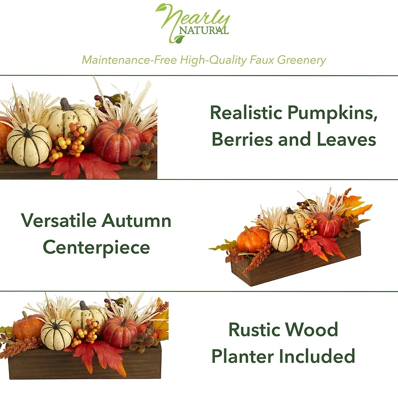 16" Harvest Pumpkin & Berries Arrangement in Wood Container