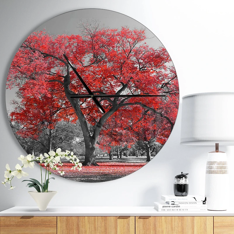 Designart Big Red Tree On Foggy Day Wall Clock