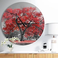 Designart Big Red Tree On Foggy Day Wall Clock