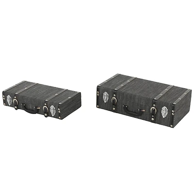 Black Fabric Woven Storage Decorative Trunk with Silver Latches & Buckles Set