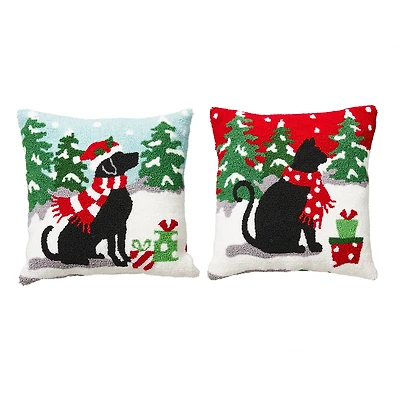 Glitzhome® Hooked Christmas Dog & Cat Throw Pillow Set