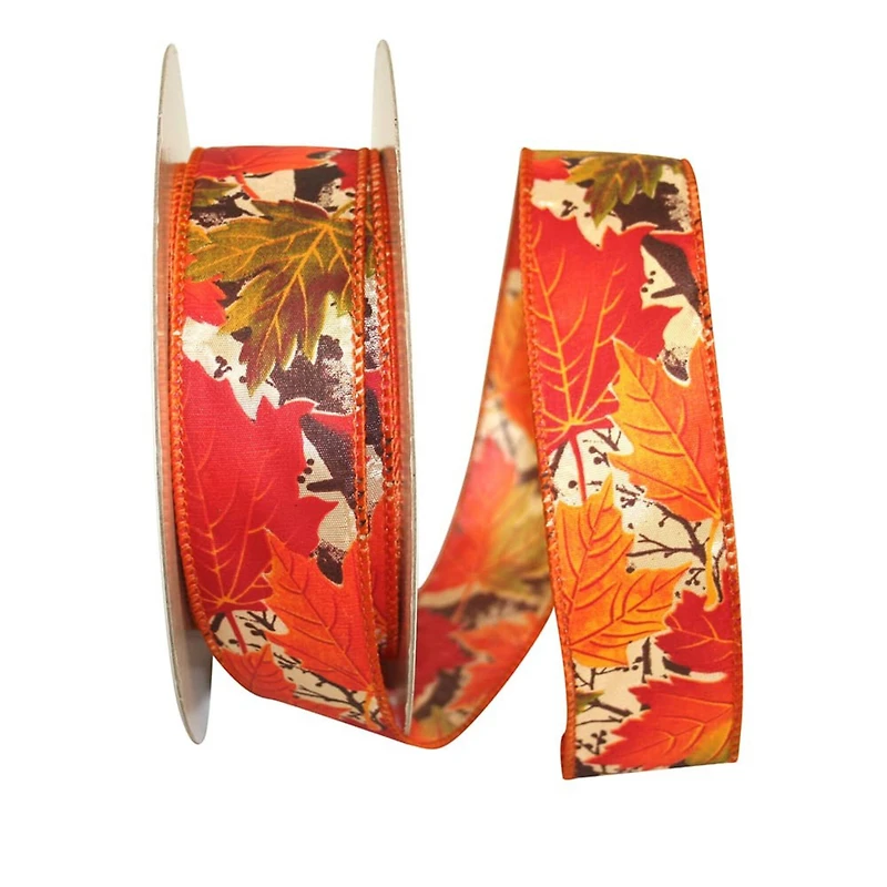Reliant 1.5" x 50yd. Orange Fall Leaves Wired Ribbon