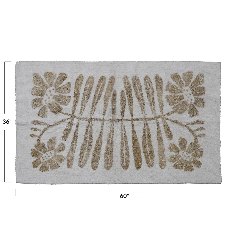  Cotton Tufted Rug with Flowers, White and Mustard