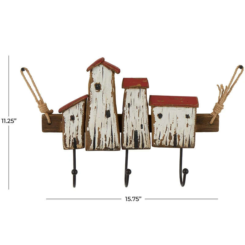 Cream Wood Handmade Distressed House 3 Hanger Wall Hook with Red Roof Accents and Hanging Rope