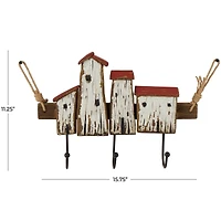 Cream Wood Handmade Distressed House 3 Hanger Wall Hook with Red Roof Accents and Hanging Rope