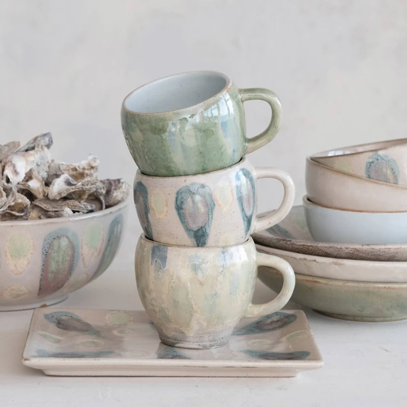 Hello Honey® 12oz. Green & Blue Geometric Stoneware Mug Set