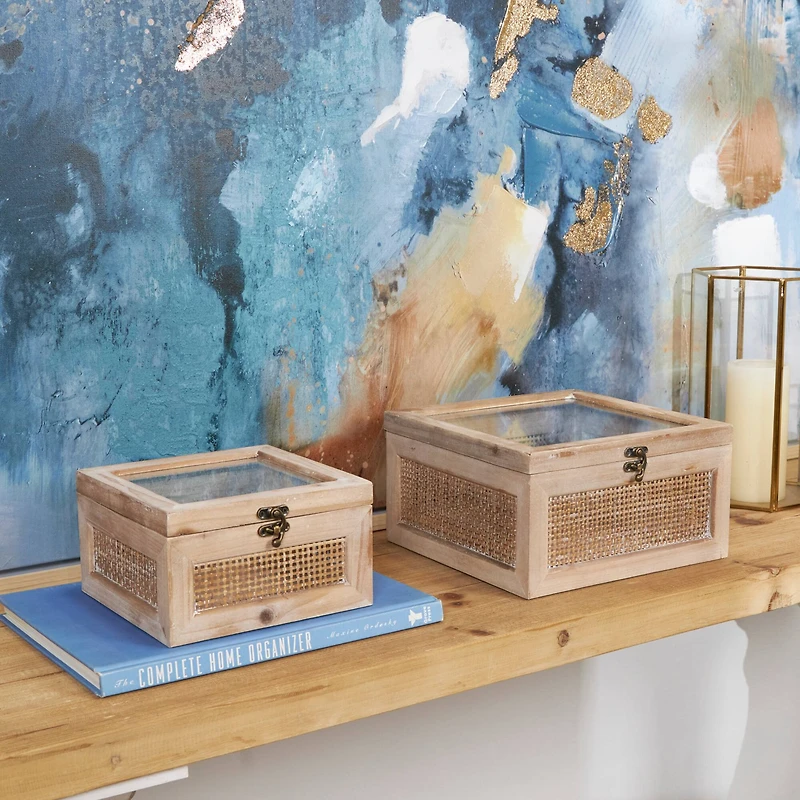 The Novogratz Light Brown Box with Glass Top & Rattan Side Panels Set