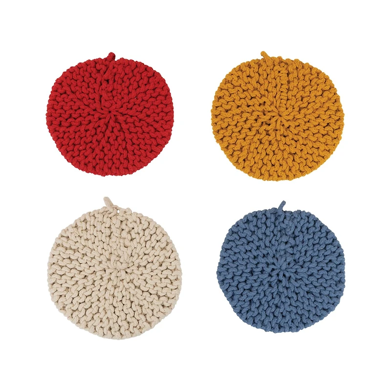 Hello Honey® 8" Red, Blue, Yellow & White Round Cotton Crocheted Pot Holder Set