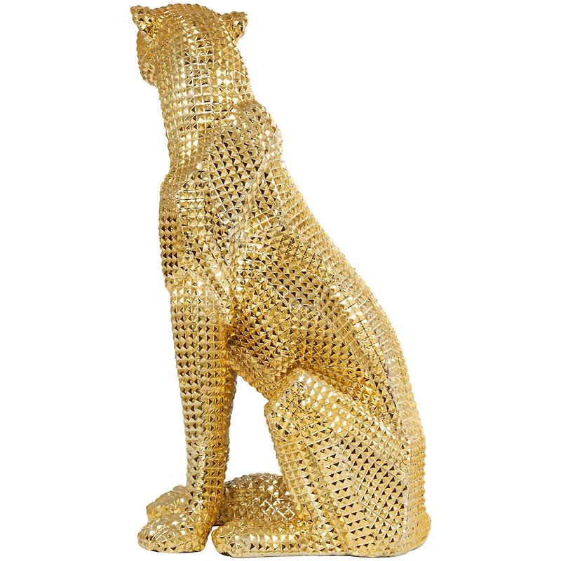 20.75" Golden Sitting Leopard Floor Sculpture with Diamond Faceted Texture