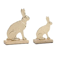 Modern Metal Bunny with Wood Base Set