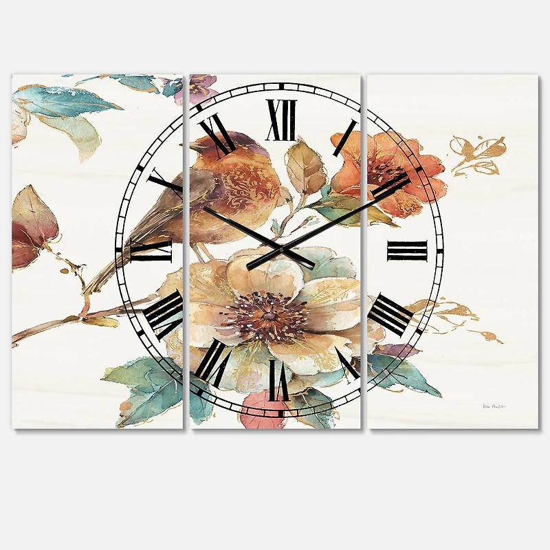 Designart Farmhouse Bird On Flower Branch Multipanel Wall Clock