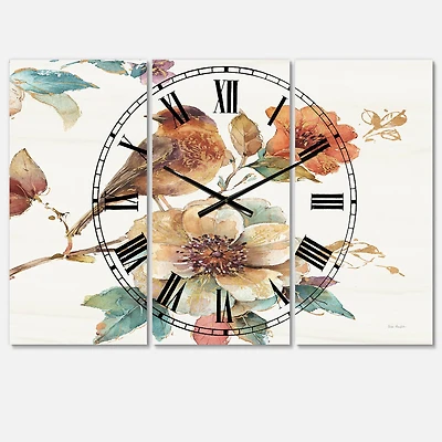 Designart Farmhouse Bird On Flower Branch Multipanel Wall Clock