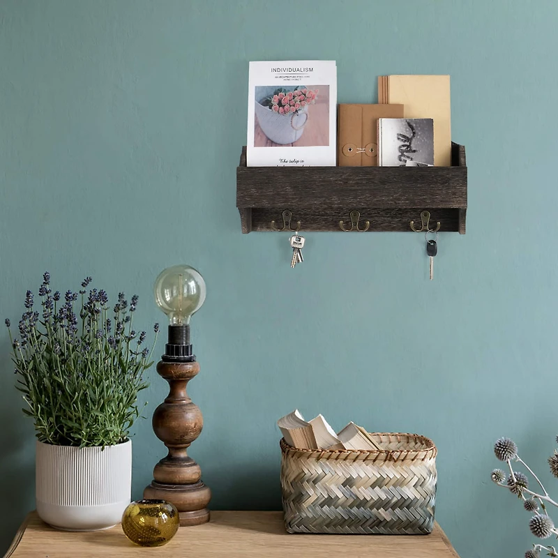 NEX™ Rustic Brown Wall-Mounted Wooden Key Rack with 3 Double Key Hooks