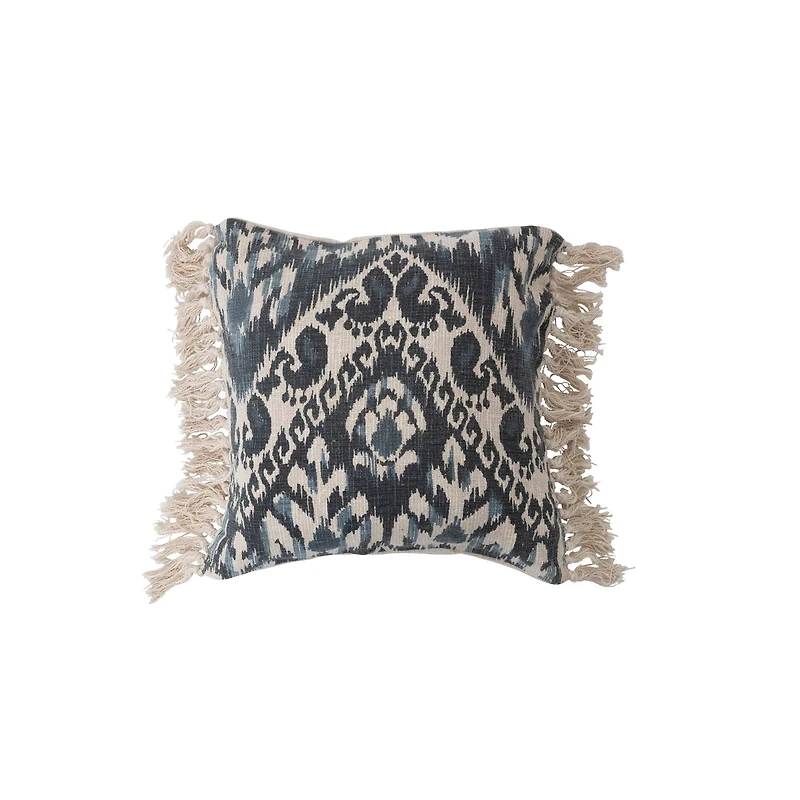 Hello Honey® Blue Stonewashed Ikat Pattern Woven Cotton Blend Pillow with Fringe