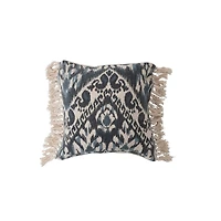 Hello Honey® Blue Stonewashed Ikat Pattern Woven Cotton Blend Pillow with Fringe