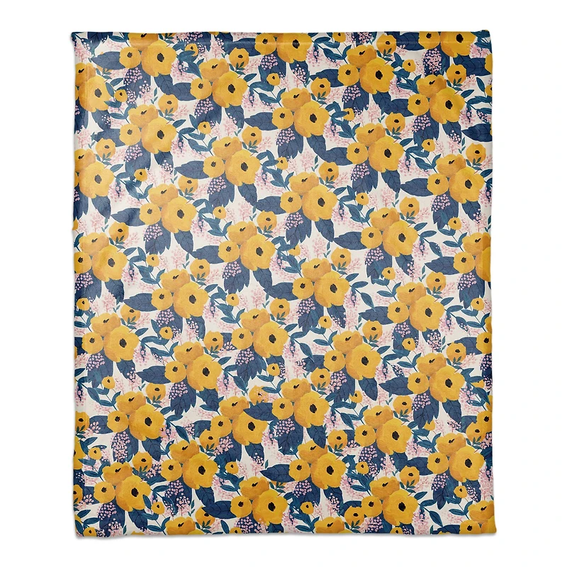 White Throw Blanket with Yellow Floral Pattern