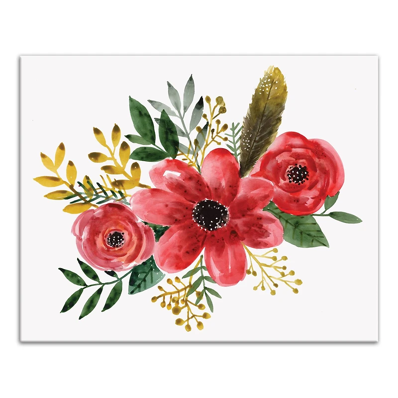 Feathers and Red Flowers 16" x 20" Canvas Wall Art