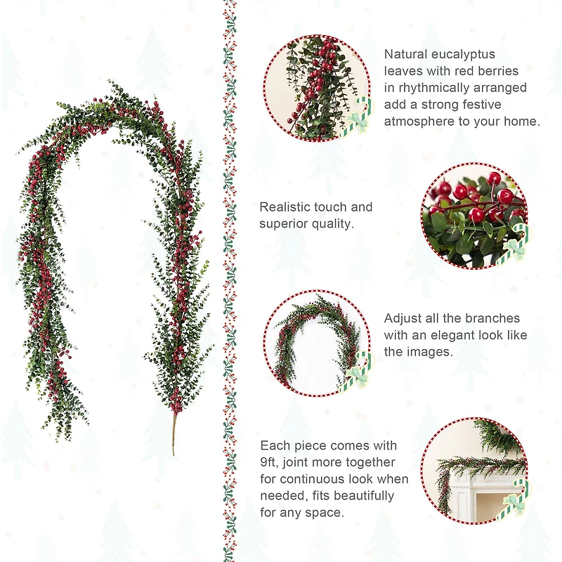 Glitzhome® 9ft Christmas Greenery Eucalyptus Garland with Red Berries