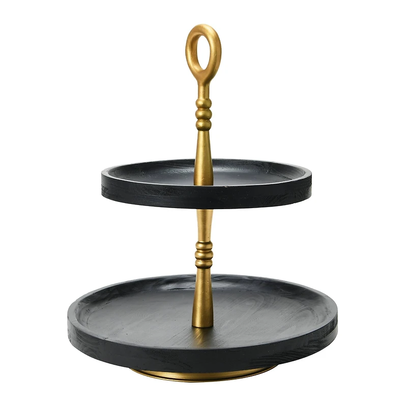 Hello Honey® 18" Black and Gold Wood 2-Tier Decorative Tray