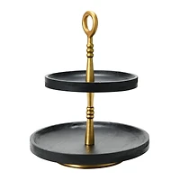 Hello Honey® 18" Black and Gold Wood 2-Tier Decorative Tray
