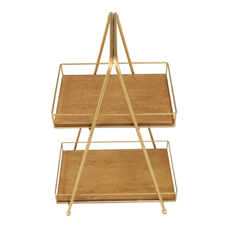 22" Brown Wood & Iron 2-Tier Tray Stand