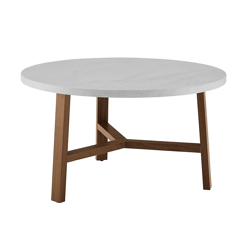 Faux White Marble & Acorn Mid-Century Modern Round Coffee Table