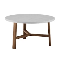 Faux White Marble & Acorn Mid-Century Modern Round Coffee Table