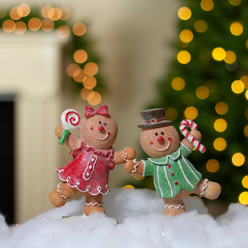 Set of 2 Glitter Dusted Boy and Girl Gingerbread Kids Tabletop Figures 6"