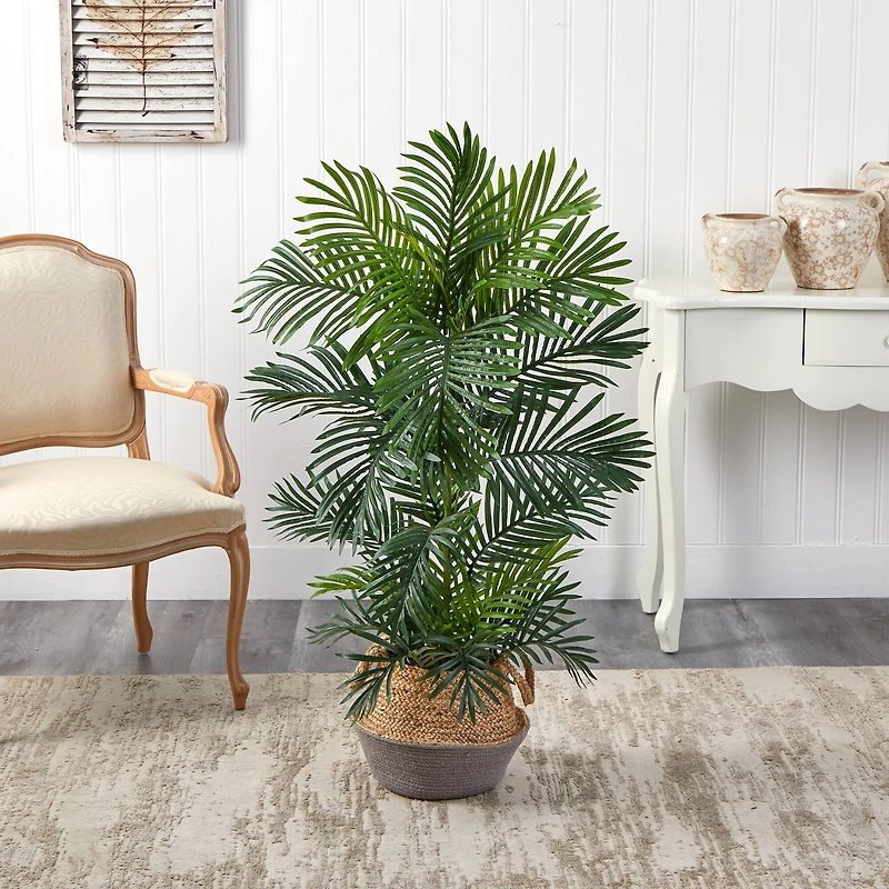 4ft. Areca Artificial Palm Tree in Boho Chic Handmade Cotton & Jute Gray Woven Planter UV Resistant (Indoor/Outdoor)